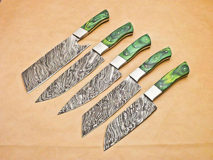 Damascus Steel Professional Chef Knives Set of 5 | Handmade Kitchen Knife Collection