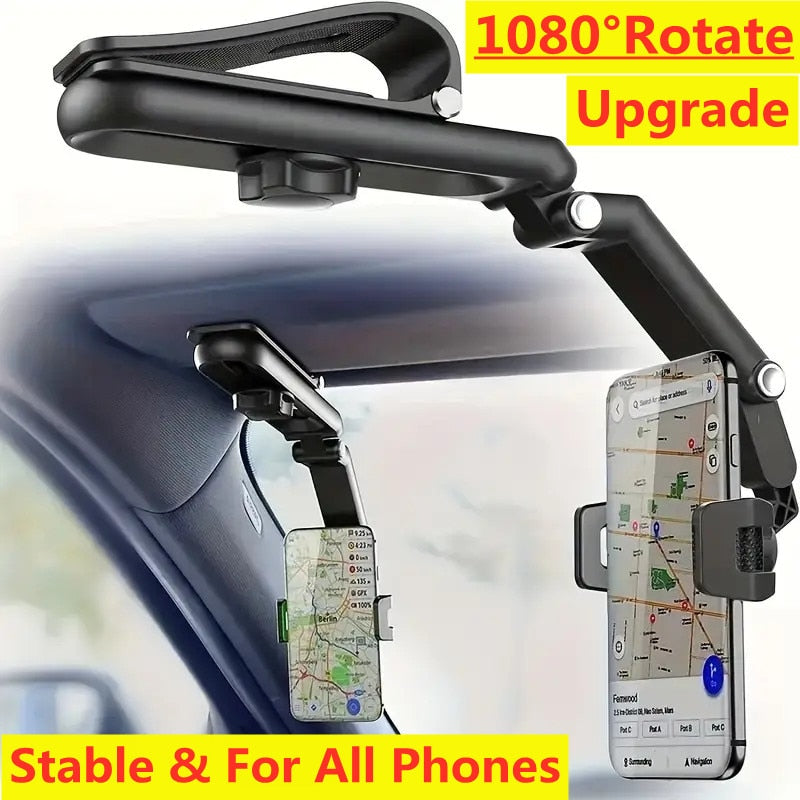 Car Clip Bracket Stand, 1080° Rotating Sun Visor Phone Mount, Support GPS Cell in Car for iPhone Samsung Xiaomi