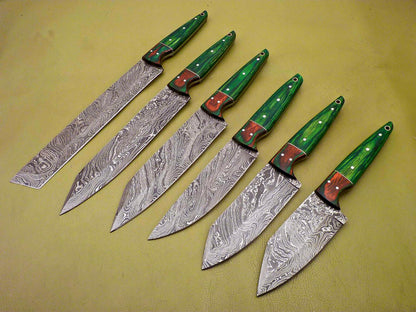 Lot of 6 Custom Damascus Chef Knives – Full Tang Kitchen & Skinning Set