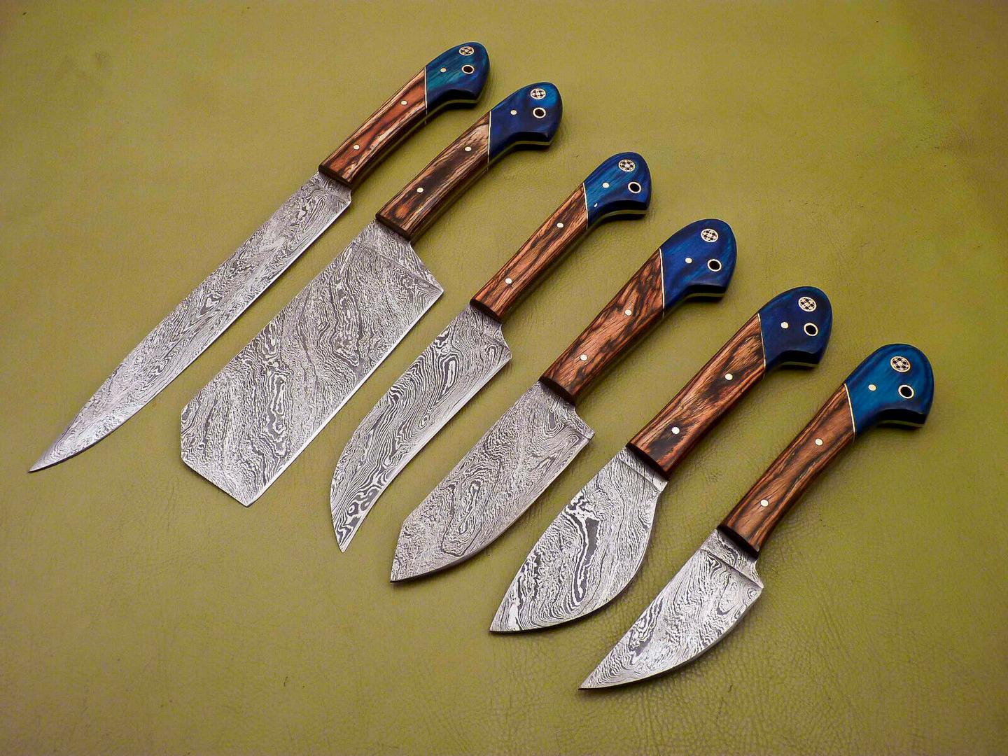 Lot of 6 Custom Damascus Chef Knives – Full Tang Kitchen Set