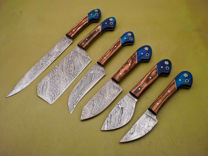 Lot of 6 Custom Damascus Chef Knives – Full Tang Kitchen Set