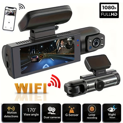 Wide Angle Car DVR 1080P WIFI Dual Camera Dash Cam, Front and Inside, IR Night Vision, Loop Recording
