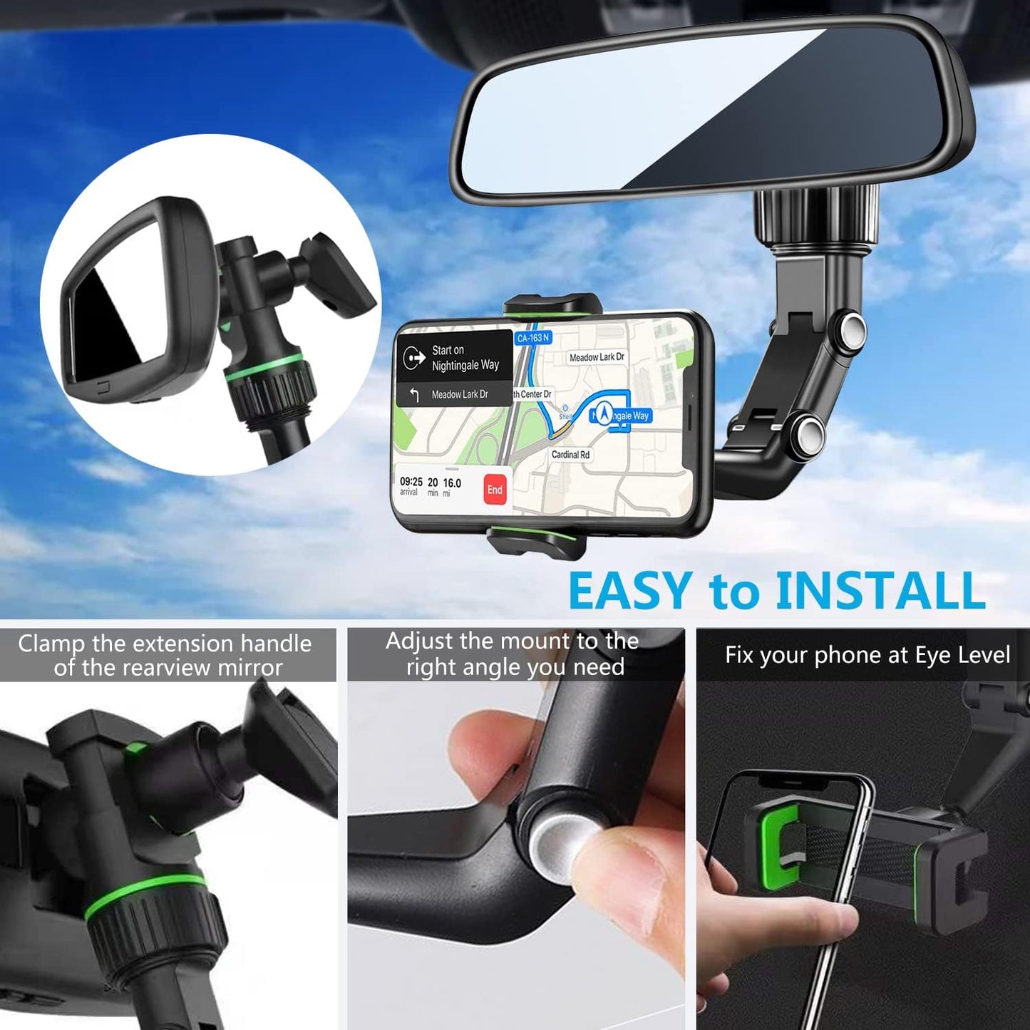 Retractable Car Phone Mount Rearview Mirror Phone Holder 360 Rotatable Rear View Mirror Holder For  6