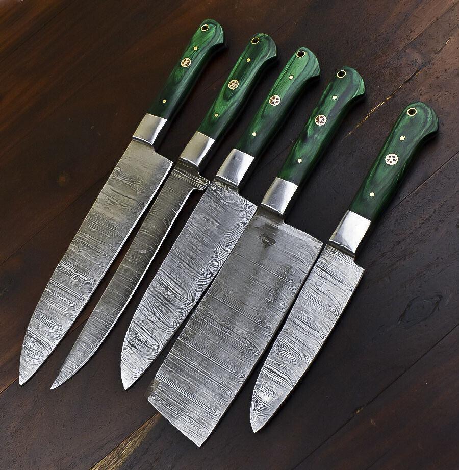 Rare Handmade Damascus Steel 5-Piece Chef Knife Set with Hardwood Handle
