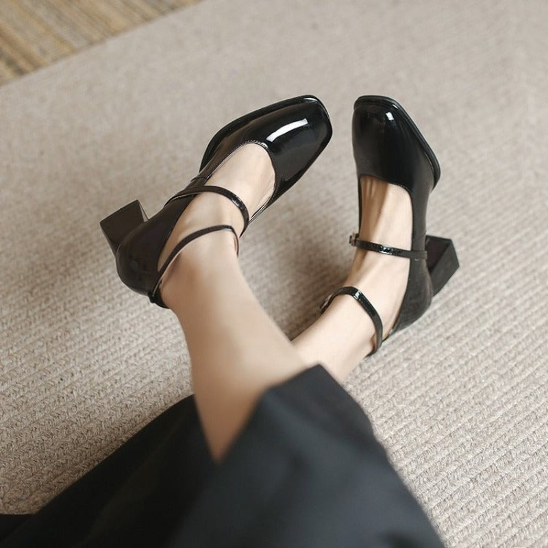 High Quality Leather Mary Jane Shoes, Shallow Square Toe Womens Sandals, Elegant Buckle Strap Womens Pumps for Dress