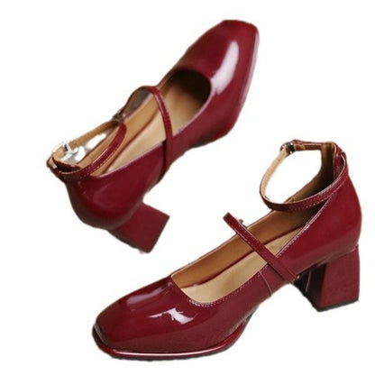 High Quality Leather Mary Jane Shoes Shallow Square Toe Womens Sandals Elegant Buckle Strap Womens  4