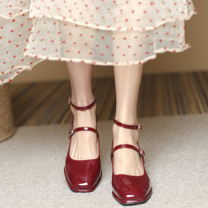 High Quality Leather Mary Jane Shoes Shallow Square Toe Womens Sandals Elegant Buckle Strap Womens  1