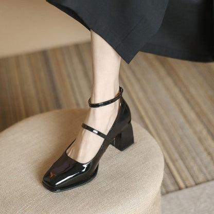 High Quality Leather Mary Jane Shoes Shallow Square Toe Womens Sandals Elegant Buckle Strap Womens  6