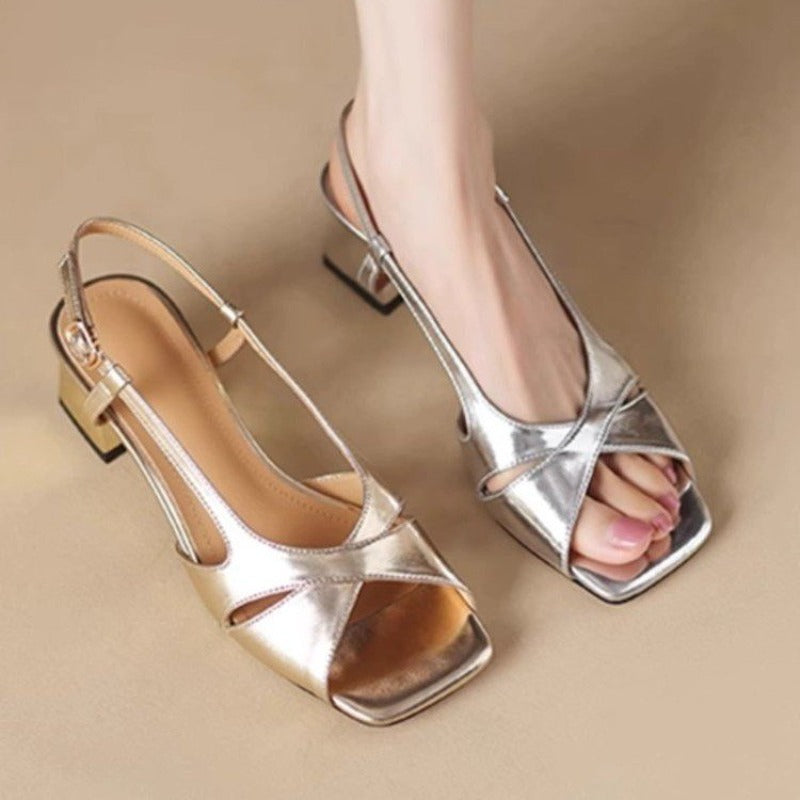 Womens Square Toe Sandals, Female Shoes Solid Brand One-word Buckle, Summer Open Toe Chunky Heels Dress Sandals