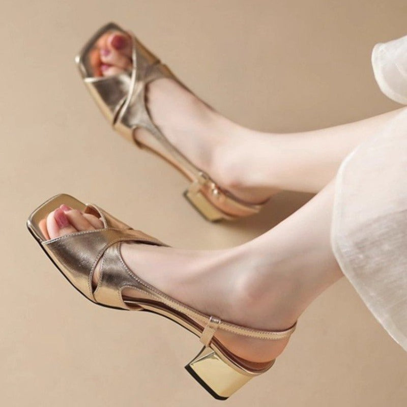 Womens Square Toe Sandals, Female Shoes Solid Brand One-word Buckle, Summer Open Toe Chunky Heels Dress Sandals