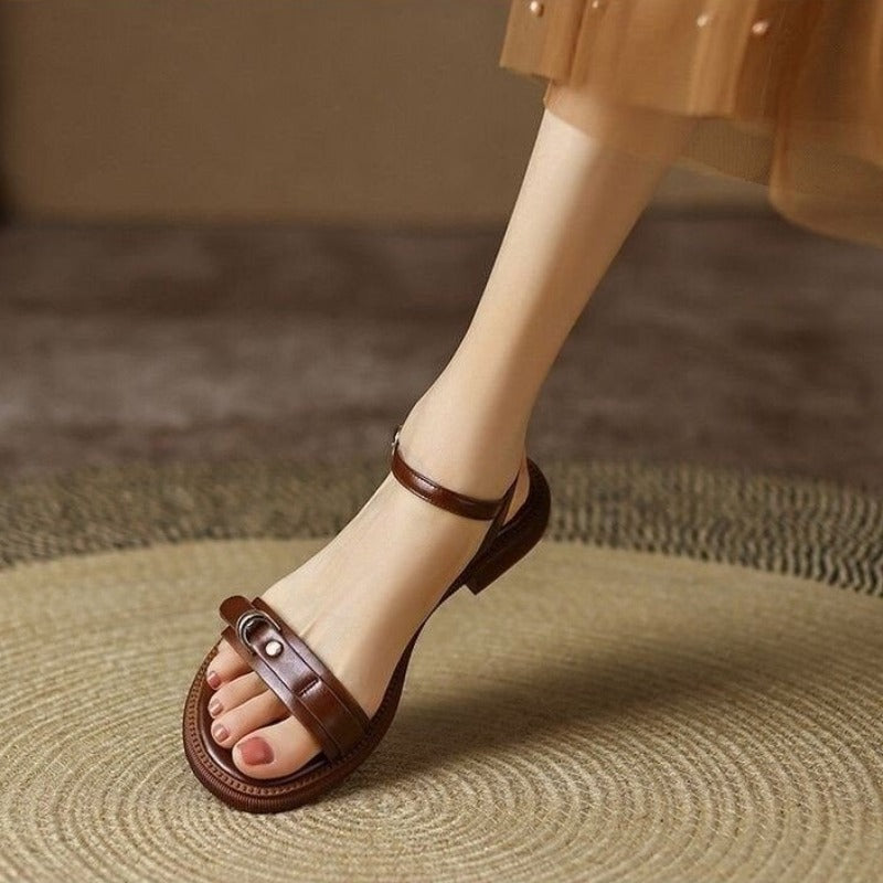 Luxury Designer New Summer Women Sandals, Narrow Leather Strap One Word Buckle, Wide Heel Platform Flat Sandals Casual
