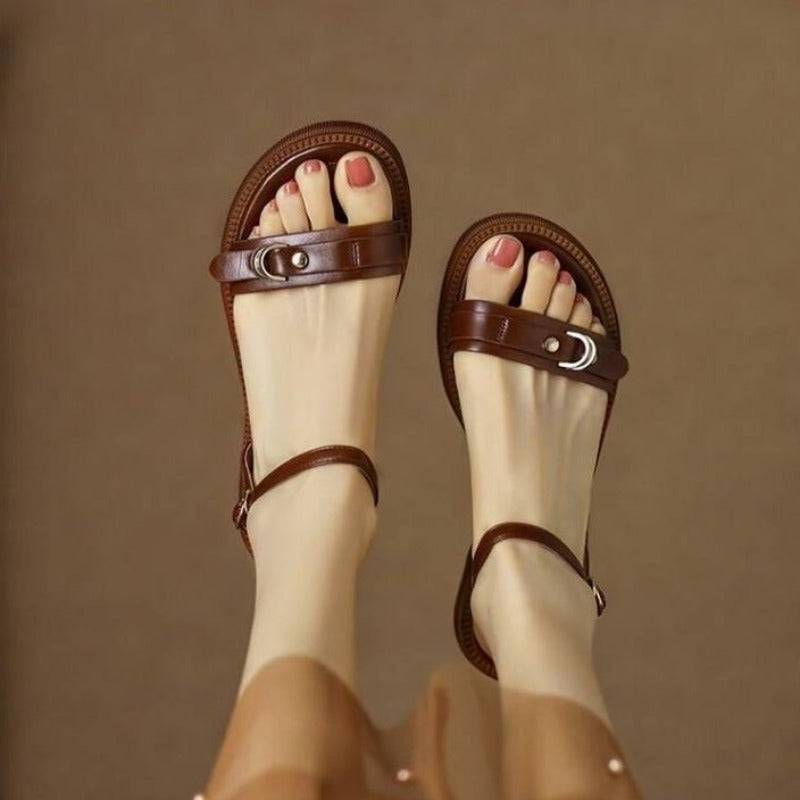Luxury Designer New Summer Women Sandals, Narrow Leather Strap One Word Buckle, Wide Heel Platform Flat Sandals Casual