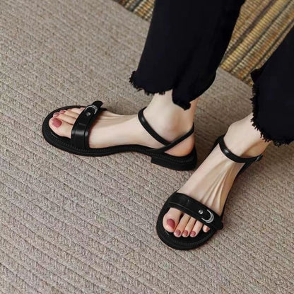 Luxury Designer New Summer Women Sandals, Narrow Leather Strap One Word Buckle, Wide Heel Platform Flat Sandals Casual