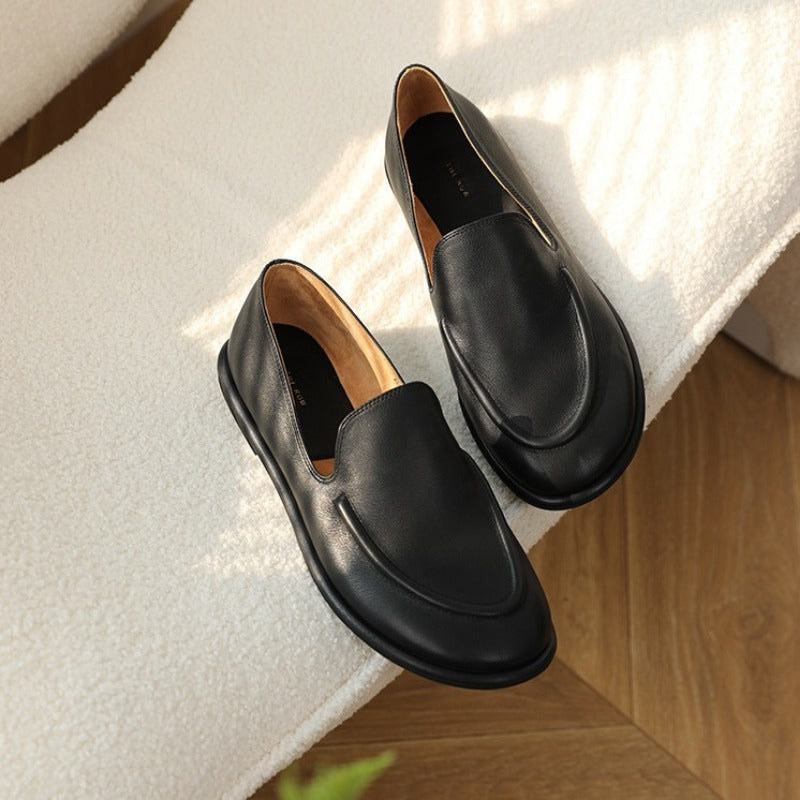 Womens Genuine Leather Loafers, New Spring One Foot Slip-on Round Toe Flats, Soft Casual Shoes for Daily Comfort