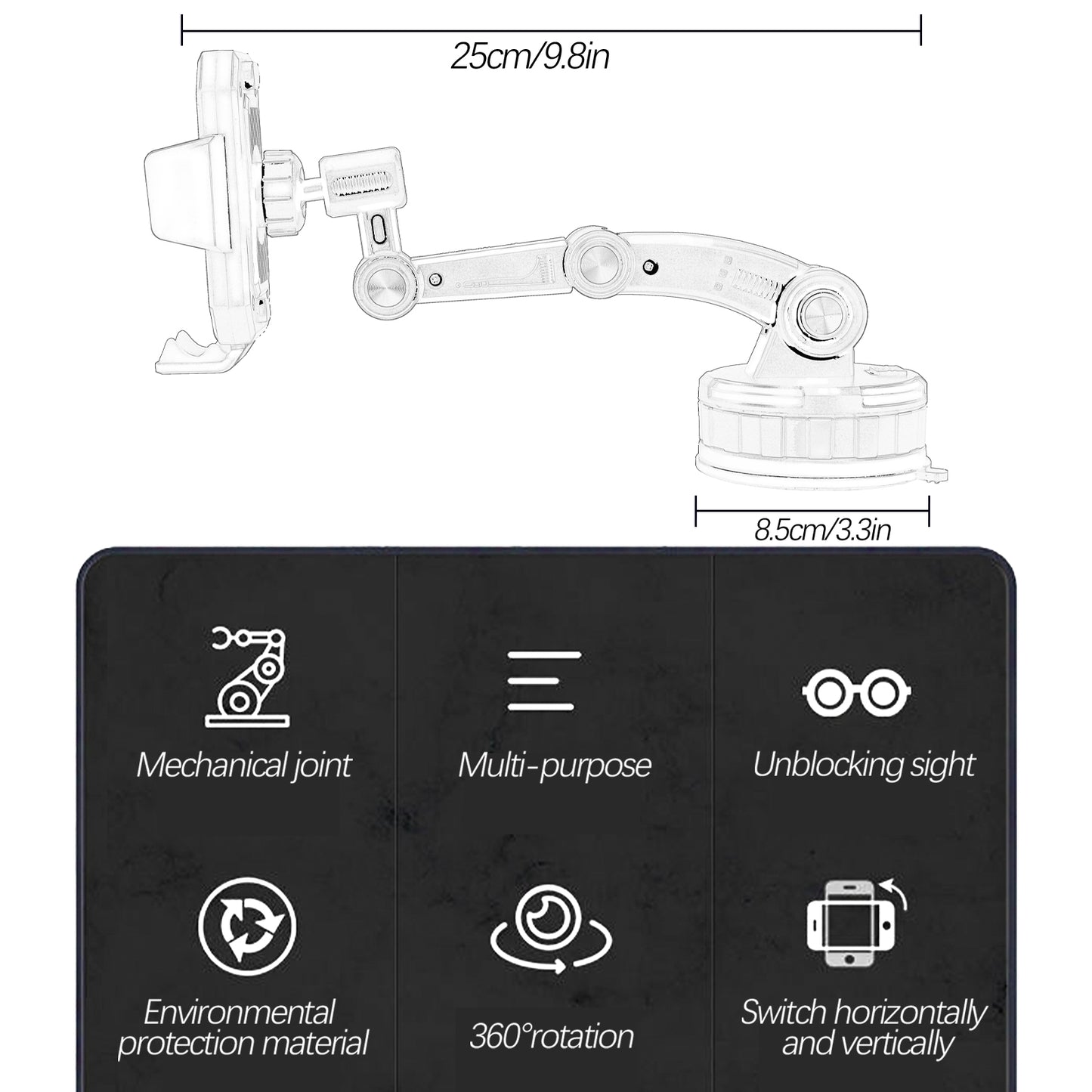 Windscreen Windshield Dashboard Mount, Mobile GPS Bracket Support Car Trunk Pickup, 360 Rotation Universal Cell Phone