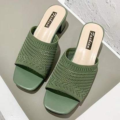 Summer Women Slippers, Closed Toe Comfort Slippers, Outdoor Fashion Fly Weave Sandals with Medium Heel, Casual & Stylish