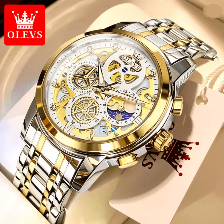 OLEVS Luxury Skeleton Quartz Watch for Men Waterproof Day Night Display