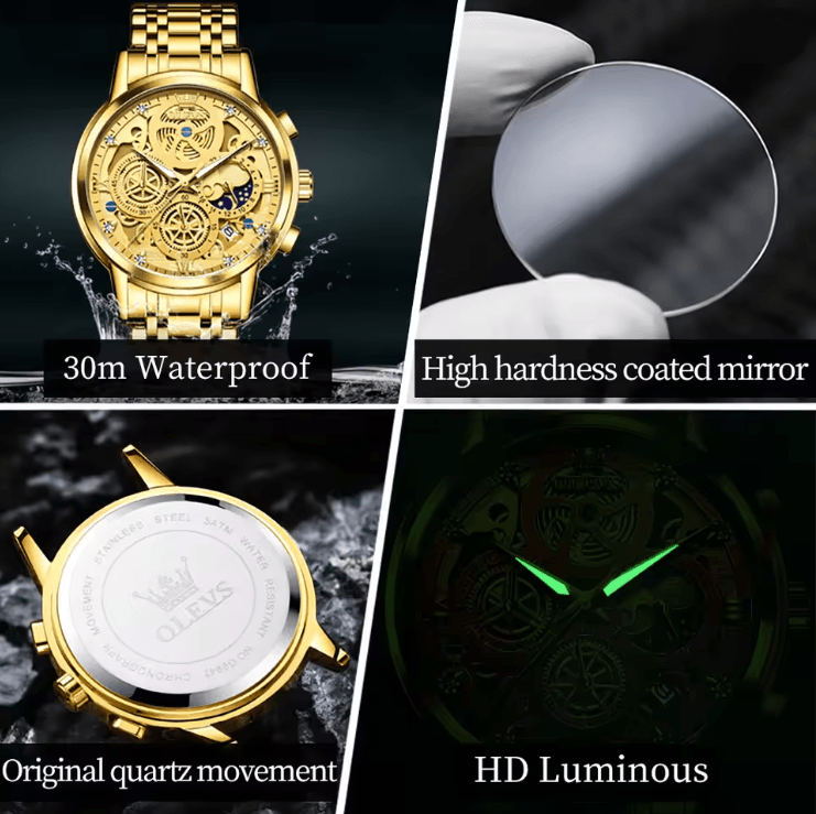 OLEVS Luxury Skeleton Quartz Watch For Men Waterproof Day Night Display 1