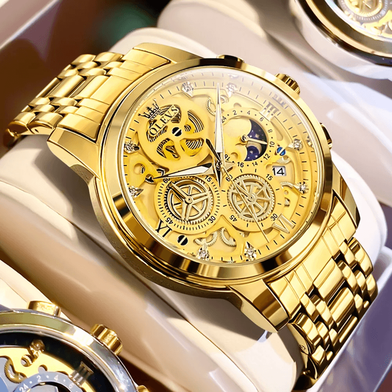 OLEVS Luxury Skeleton Quartz Watch For Men Waterproof Day Night Display 5