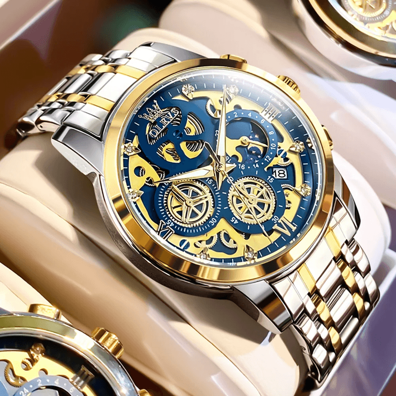 OLEVS Luxury Skeleton Quartz Watch For Men Waterproof Day Night Display 6