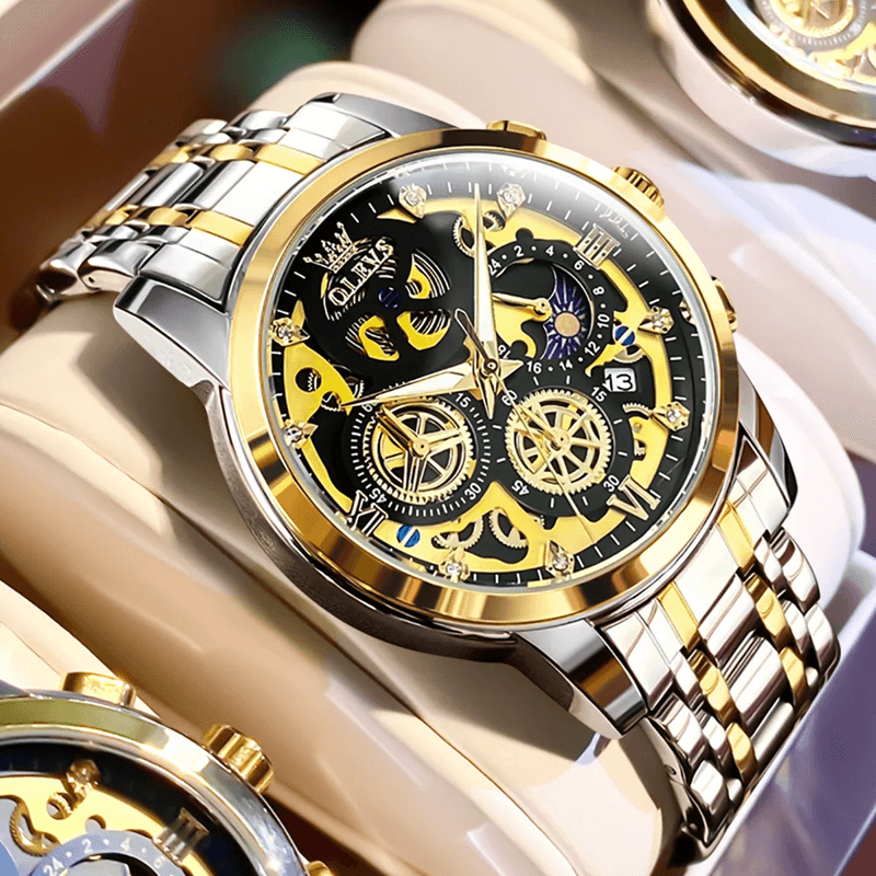 OLEVS Luxury Skeleton Quartz Watch For Men Waterproof Day Night Display 7
