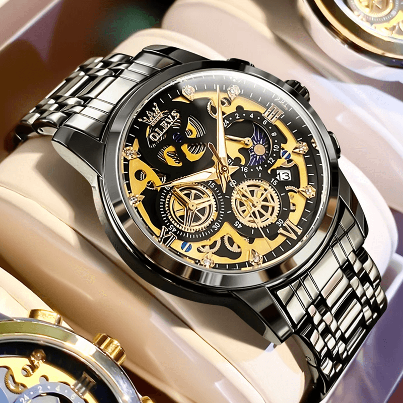 OLEVS Luxury Skeleton Quartz Watch For Men Waterproof Day Night Display 8