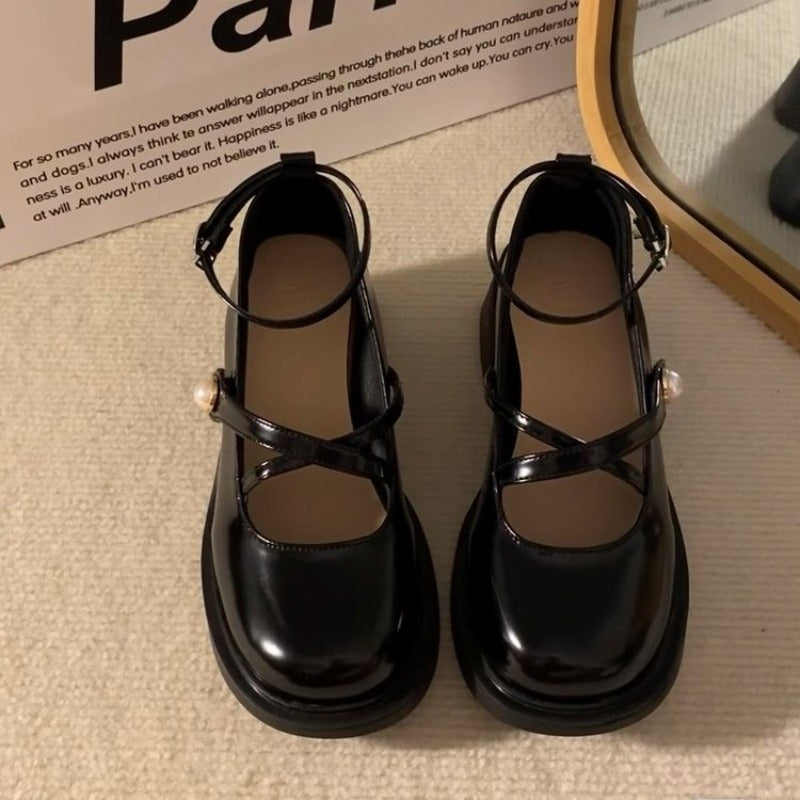 Retro Mary Jane Shoes for Women, PU Leather Loafers, Thick Heel Lolita Shoes, Uniform Pumps with Ankle Buckle
