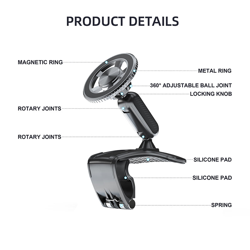 Car Phone Holder, Magnetic 360 Degree Rotation Dashboard, Clip on Dashboard for 4 to 7 inch Smartphones, Strong Clamp
