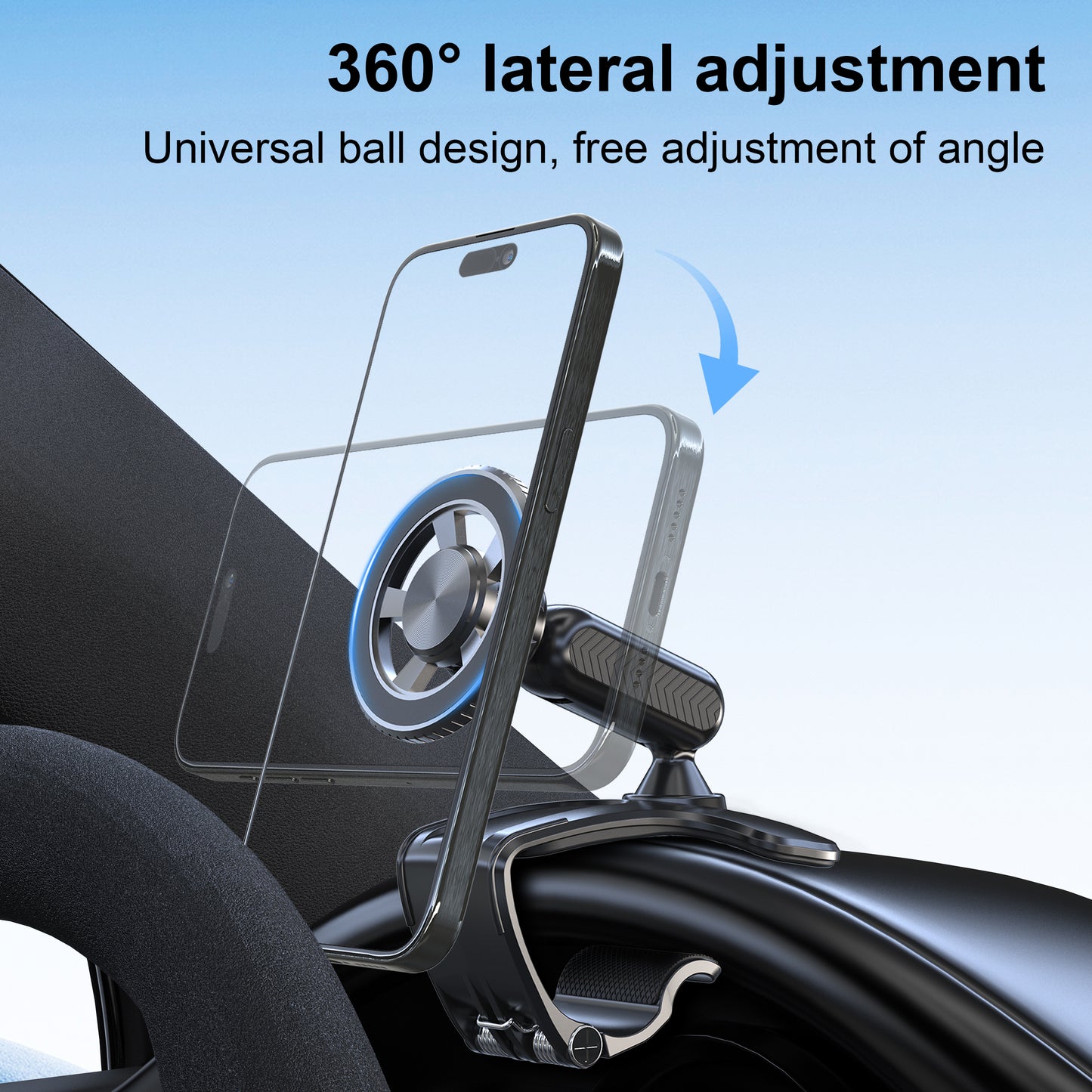 Car Phone Holder, Magnetic 360 Degree Rotation Dashboard, Clip on Dashboard for 4 to 7 inch Smartphones, Strong Clamp