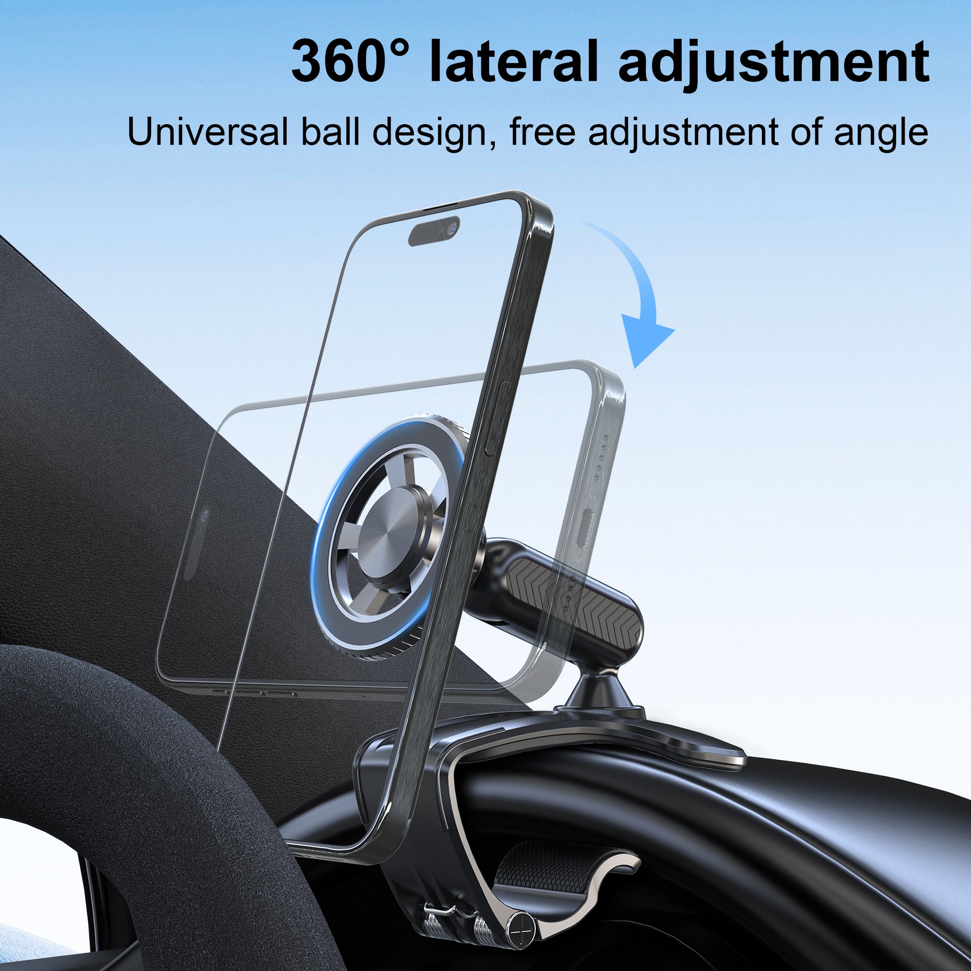 Car Phone Holder, Magnetic 360 Degree Rotation Dashboard, Clip on Dashboard for 4 to 7 inch Smartphones, Strong Clamp