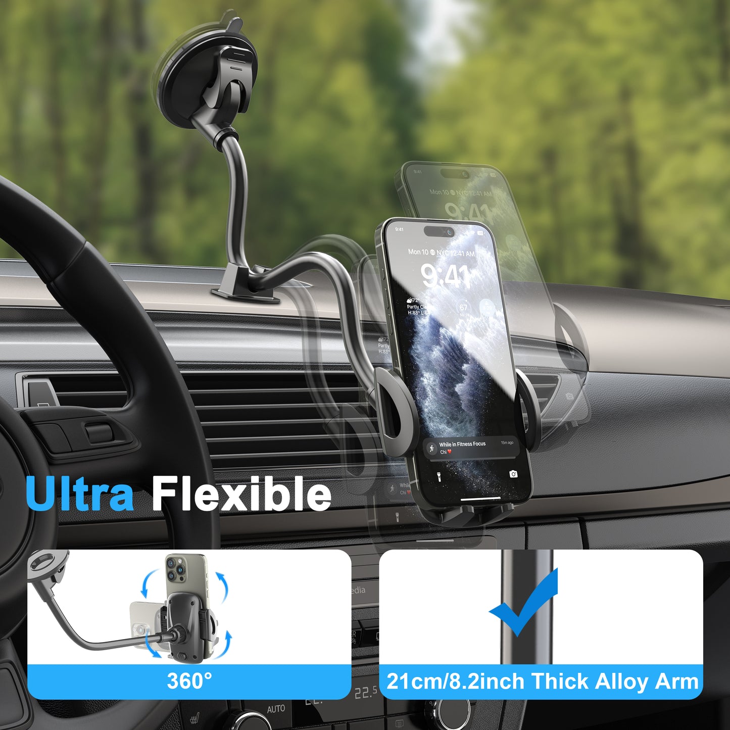 Gooseneck Long Arm Phone Mount Holder, Solid Car Truck, Anti Shake Stabilizer Compatible All Cell Phones