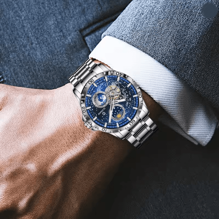 GLENAW Automatic Mechanical Watch with Rotating Earth Dial and Leather Strap