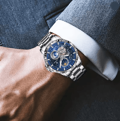 GLENAW Automatic Mechanical Watch with Rotating Earth Dial and Leather Strap