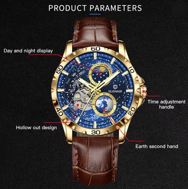 GLENAW Automatic Mechanical Watch With Rotating Earth Dial And Leather Strap 1