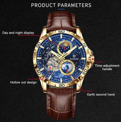 GLENAW Automatic Mechanical Watch With Rotating Earth Dial And Leather Strap 1