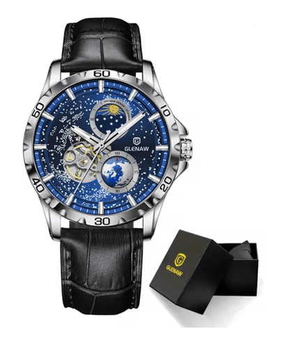 GLENAW Automatic Mechanical Watch With Rotating Earth Dial And Leather Strap 2
