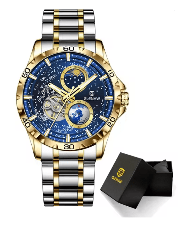GLENAW Automatic Mechanical Watch With Rotating Earth Dial And Leather Strap 3
