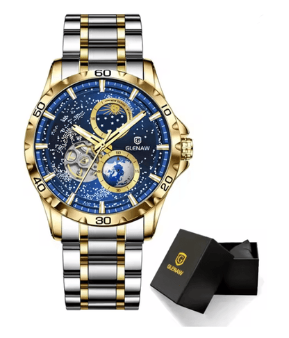 GLENAW Automatic Mechanical Watch With Rotating Earth Dial And Leather Strap 3