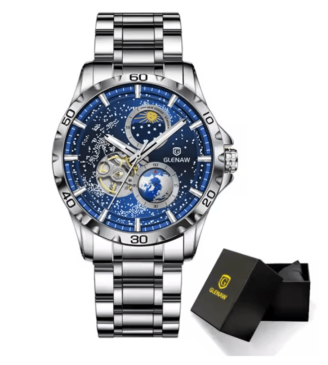 GLENAW Automatic Mechanical Watch With Rotating Earth Dial And Leather Strap 4