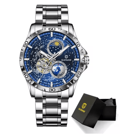 GLENAW Automatic Mechanical Watch With Rotating Earth Dial And Leather Strap 4