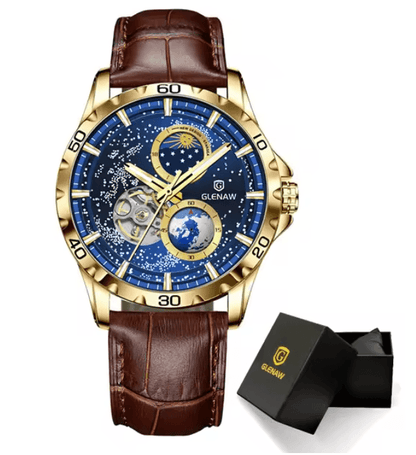 GLENAW Automatic Mechanical Watch With Rotating Earth Dial And Leather Strap 5