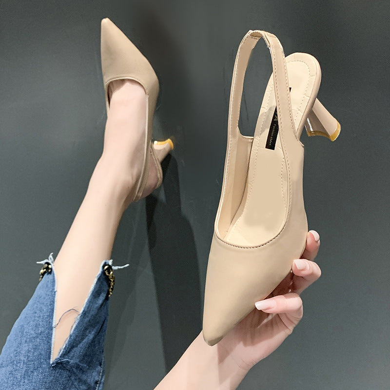 Spring Baotou Back Empty Sandals Womens Thick Heel High Heels Black Pointed Toe Office Work Shoes F 1