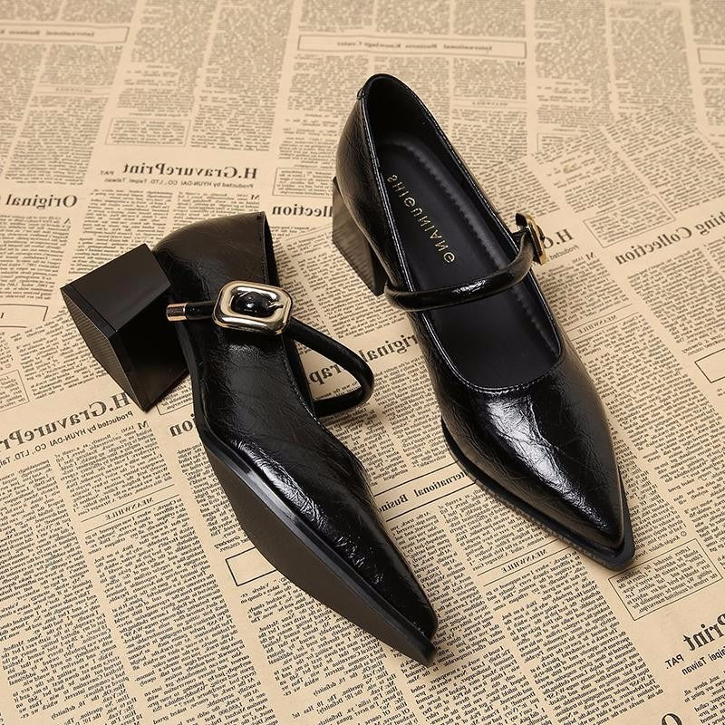Womens Retro MidLength Single Shoes Spring Summer Style Belt Buckle Pointed Toe Comfortable Shallow