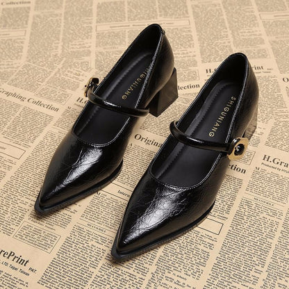 Womens Retro MidLength Single Shoes Spring Summer Style Belt Buckle Pointed Toe Comfortable Shallow