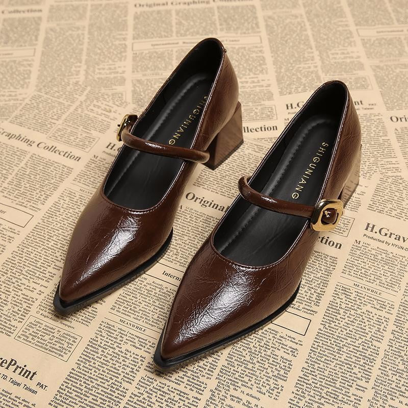Womens Retro Mid-Length Single Shoes Spring Summer Style, Belt Buckle Pointed Toe Comfortable Shallow Toe Leather Foot