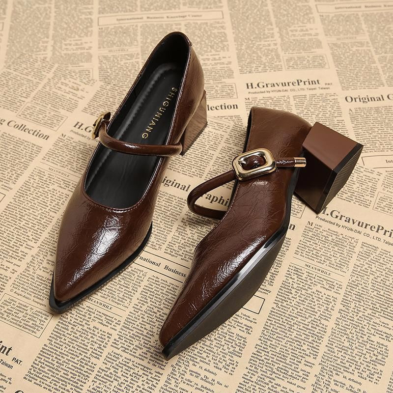 Womens Retro MidLength Single Shoes Spring Summer Style Belt Buckle Pointed Toe Comfortable Shallow