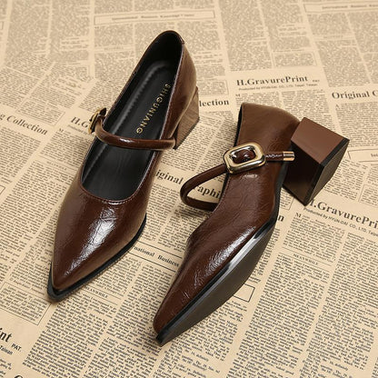 Womens Retro MidLength Single Shoes Spring Summer Style Belt Buckle Pointed Toe Comfortable Shallow