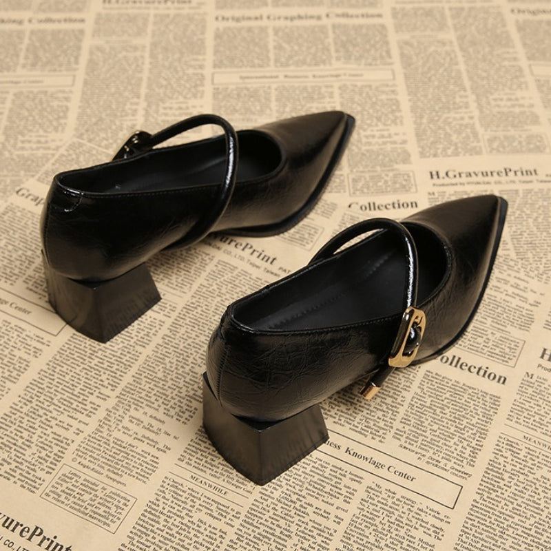Womens Retro MidLength Single Shoes Spring Summer Style Belt Buckle Pointed Toe Comfortable Shallow