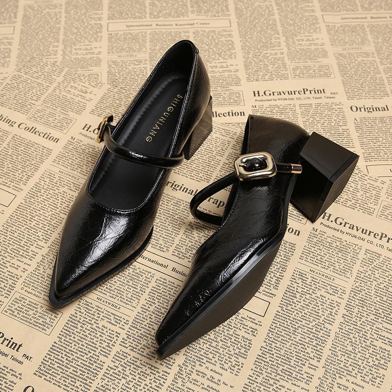 Womens Retro MidLength Single Shoes Spring Summer Style Belt Buckle Pointed Toe Comfortable Shallow