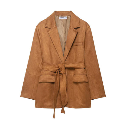 Women's Autumn Casual Coat, Fashion Long Sleeves Jacket with Turn Down Collar, Lace Up Decoration, and Pockets